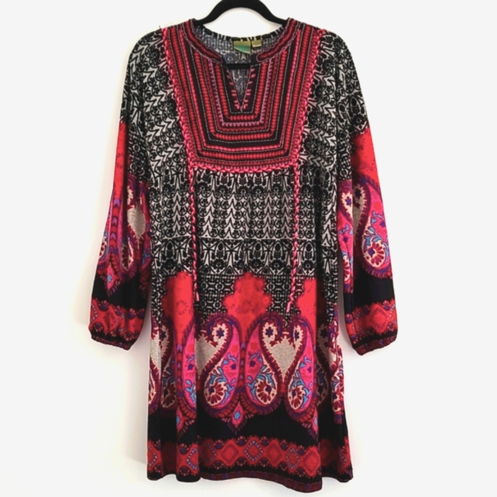 Earthbound Urban Nomad Womans Paisley Long Sleeves Embroidered Dress S/M